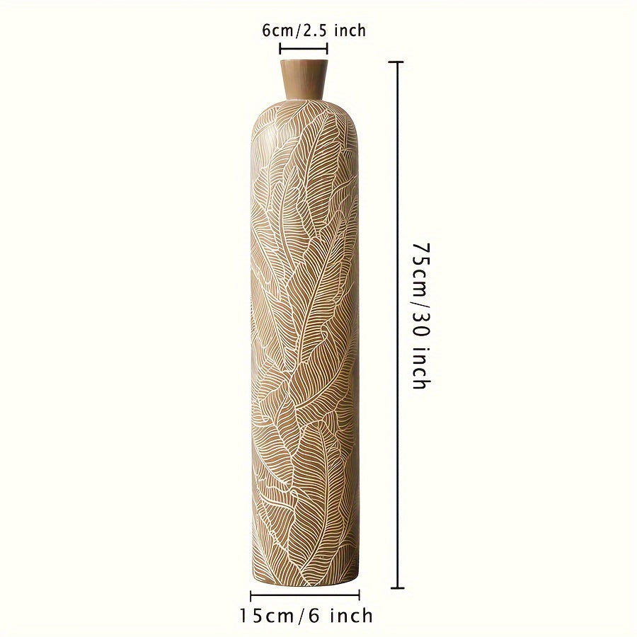 Vaso da Terra L Decorativo 75cm Motivo Foglie - Design Botanico Beige Crema per Pampas Grass - Arredo Soggiorno Ingresso