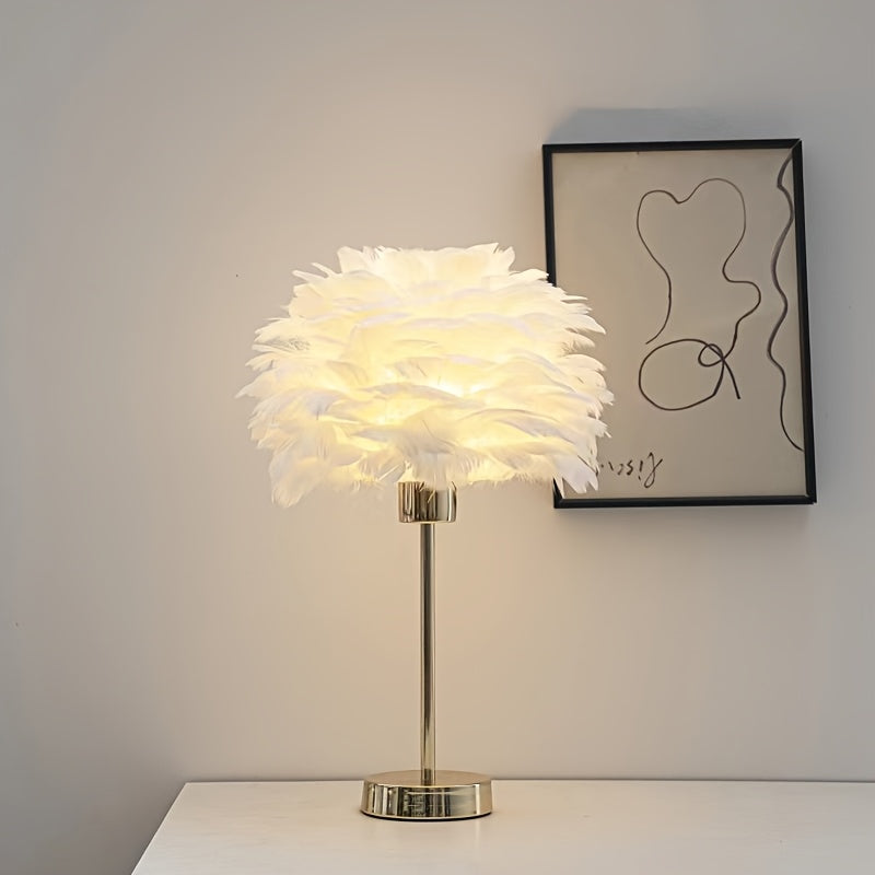 Table Lamp White Feather Effect 3 Light Tones USB