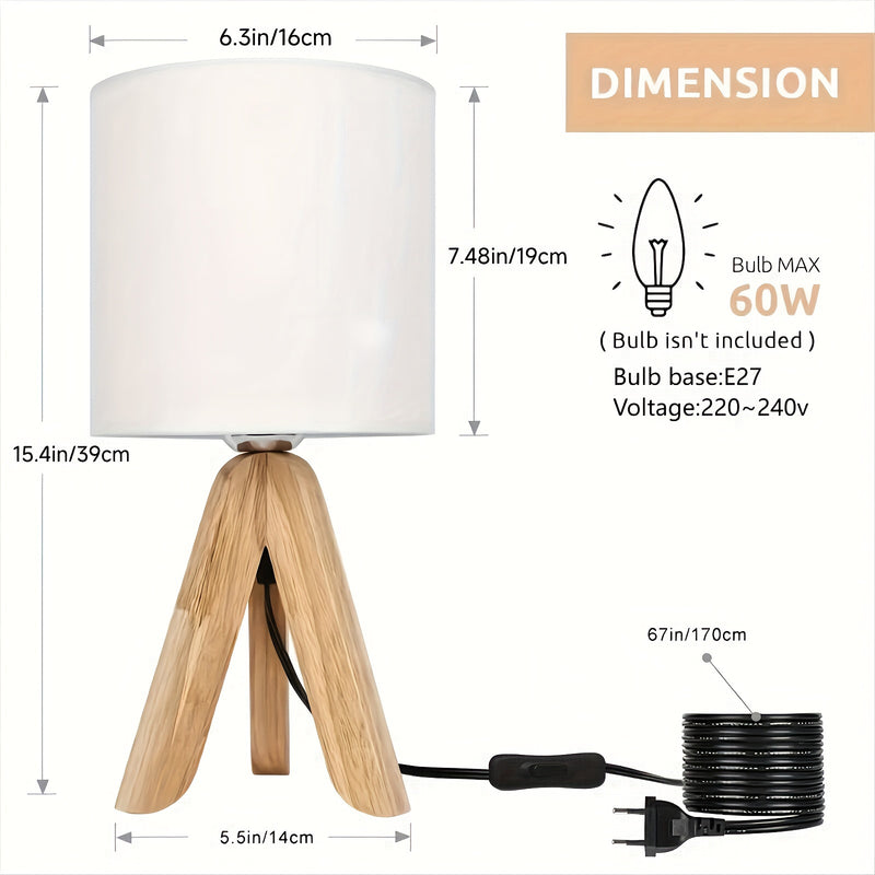 Wooden Tripod Table Lamp with Fabric Lampshade - Modern Scandinavian Design for Bedroom, Study, and Living Room