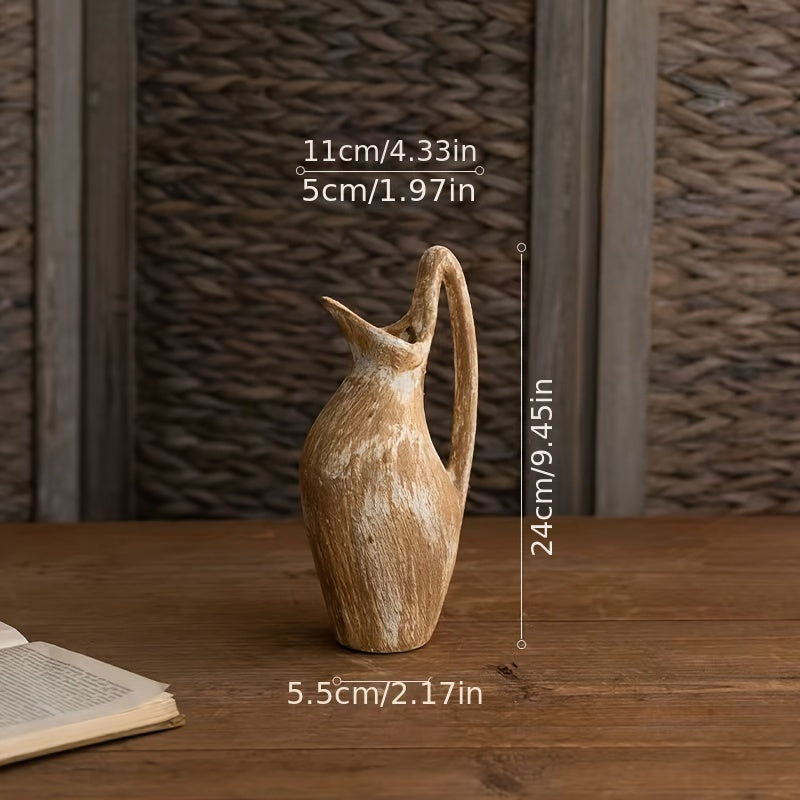 SYLVA Wood Effect Ceramic Vase - Country Cottage Design with Decorative Handle 24cm