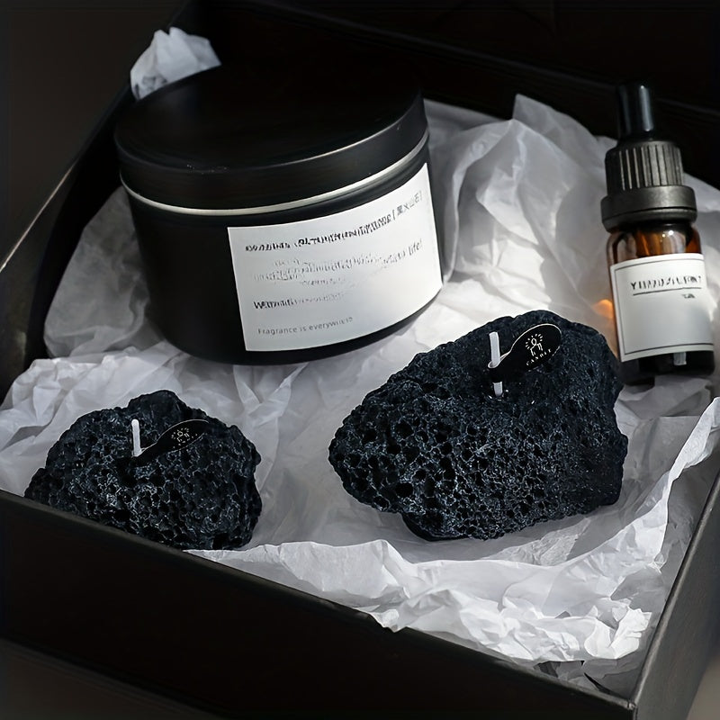 Set of 3 ASTRUM Meteorite Candles - Scented Soy Wax with Volcanic Stone Effect Containers