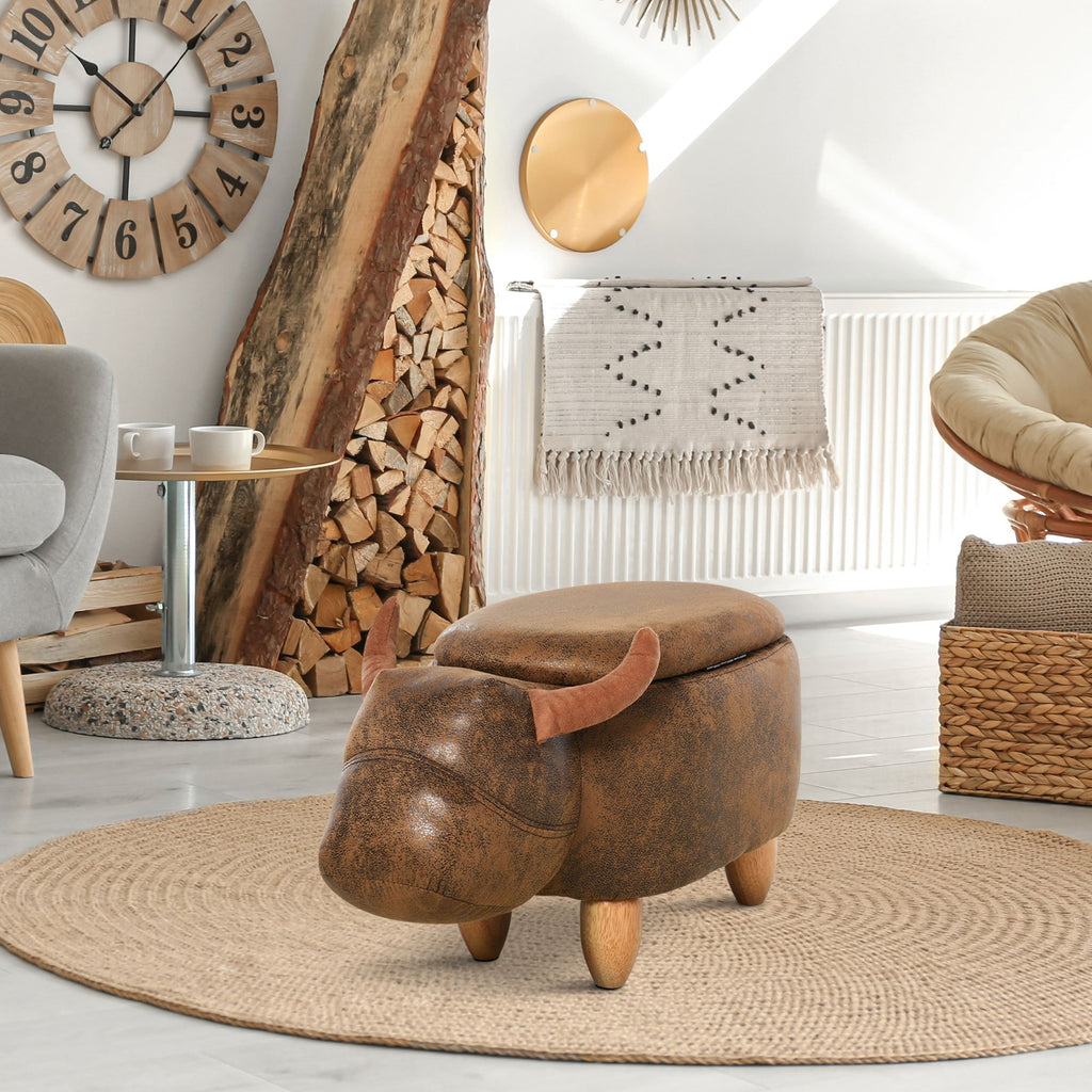 Pouf Contenitore Mucca con Stoccaggio Ecopelle Vintage Gambe Legno