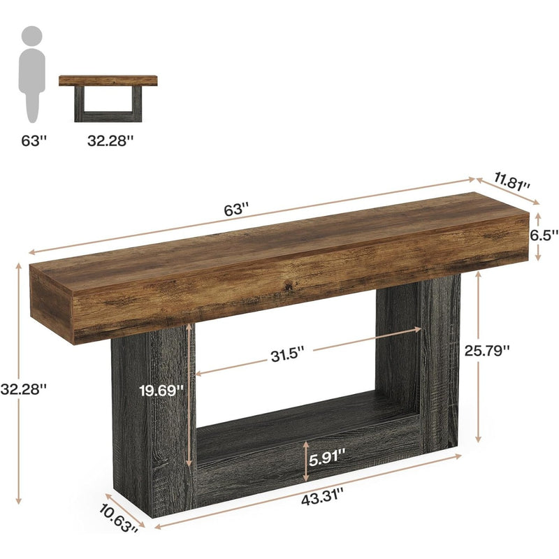 Rustic Console Table 160cm with Double Shelf and U-shaped Base - Solid Wood with Antiqued Effect