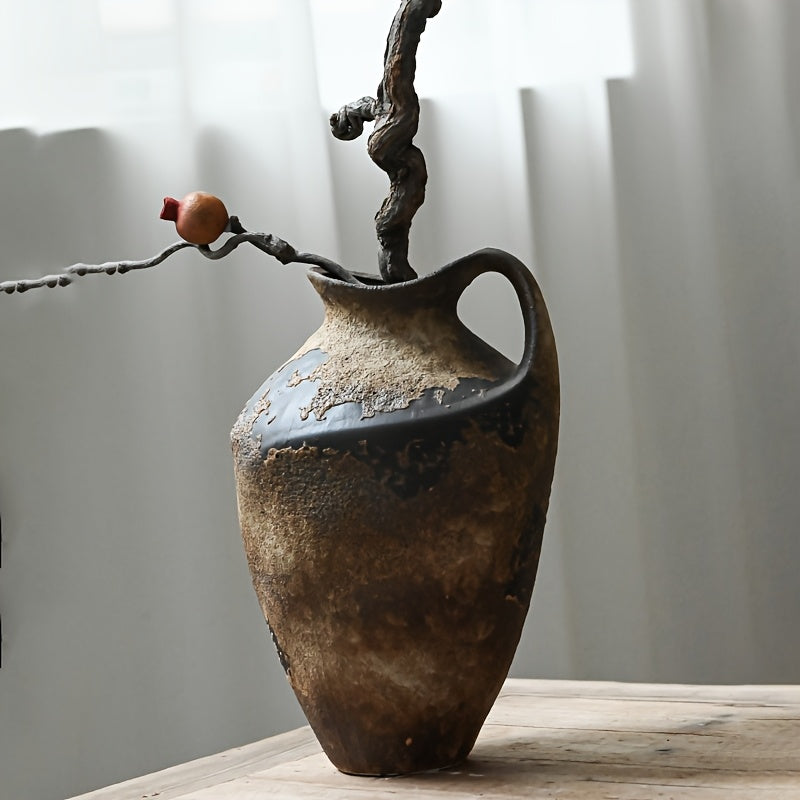 Handmade Ceramic Vase with Ancient Stone Effect and Rustic Handle