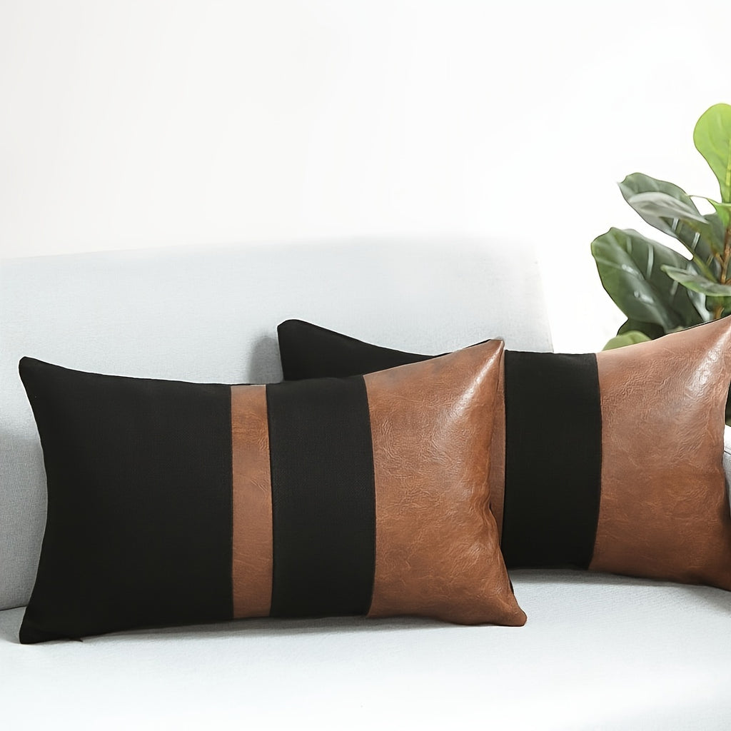 Set 2 Federe Decorative 50x30cm Ecopelle e Nero - Design Geometrico Contemporaneo