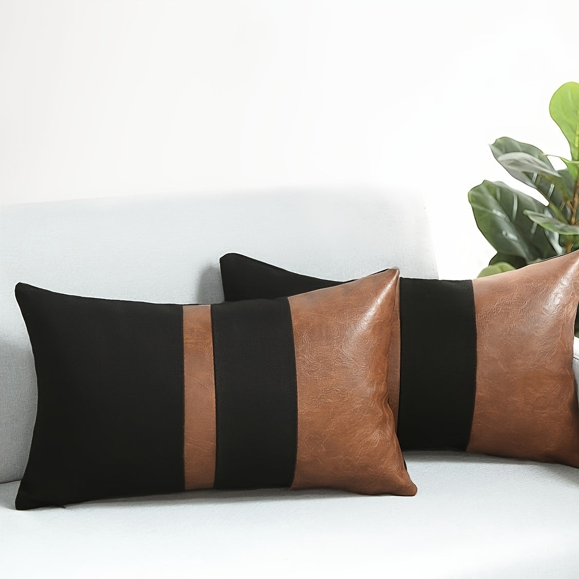 Set 2 Federe Decorative 50x30cm Ecopelle e Nero - Design Geometrico Contemporaneo