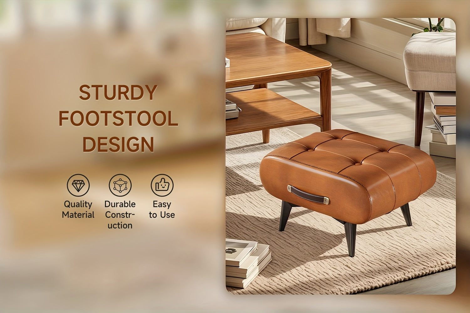 Poggiapiedi Rettangolare in Ecopelle - Design Contemporaneo con Maniglia per Soggiorno, Camera da Letto e Ingresso