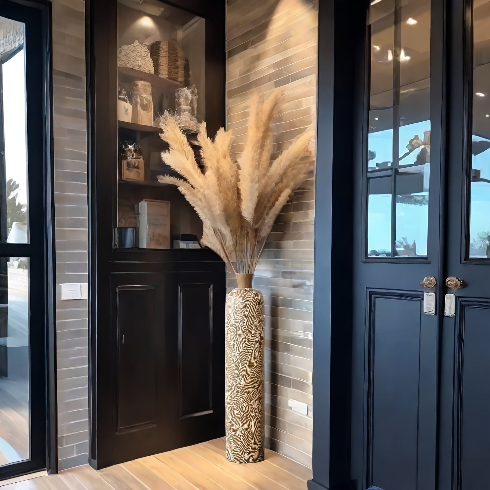 Vaso da Terra M Decorativo 60cm Motivo Foglie - Design Boho Chic per Erba Pampas, Soggiorno e Ingresso