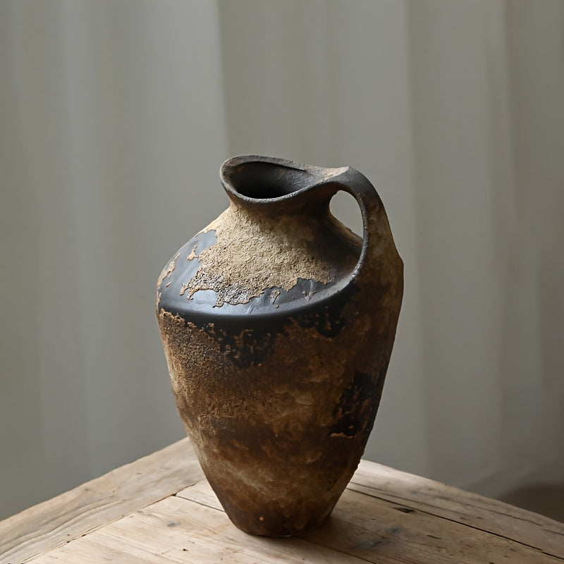 Handmade Ceramic Vase with Ancient Stone Effect and Rustic Handle