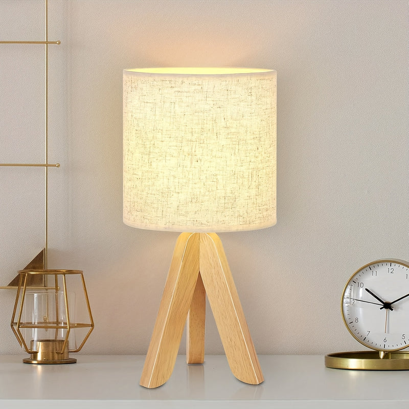 Wooden Tripod Table Lamp with Fabric Lampshade - Modern Scandinavian Design for Bedroom, Study, and Living Room