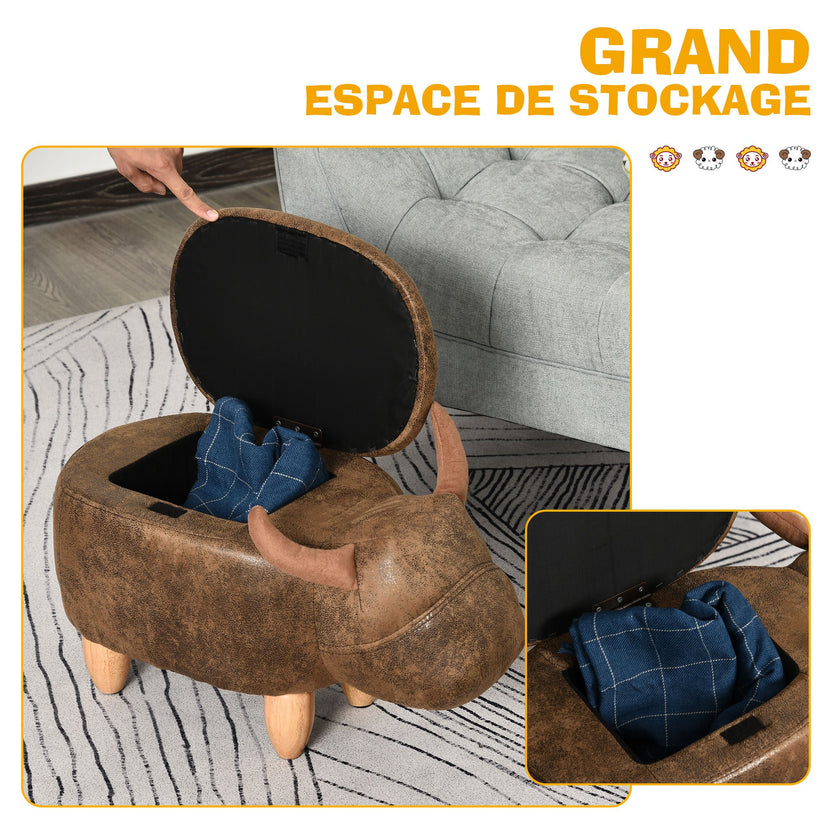 Pouf Contenitore Mucca con Stoccaggio Ecopelle Vintage Gambe Legno