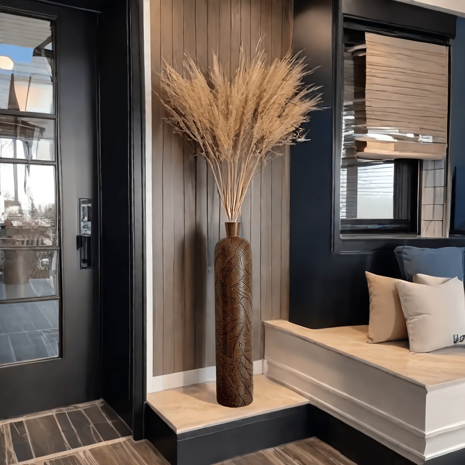 Vaso da Terra M Decorativo 60cm Motivo Foglie - Design Boho Chic per Erba Pampas, Soggiorno e Ingresso