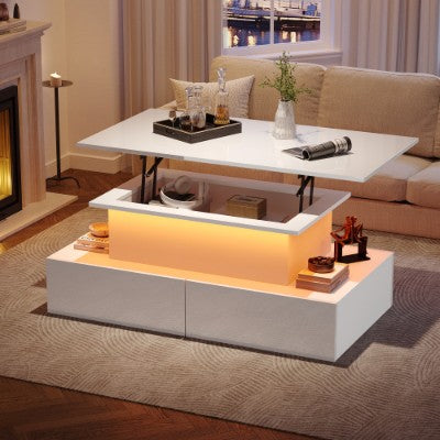 LED Coffee Table with 4 Drawers and Lift-Top - Modern Glossy White Design 90x55cm