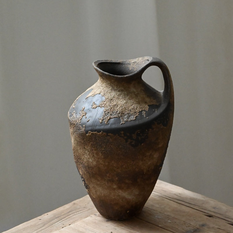 Handmade Ceramic Vase with Ancient Stone Effect and Rustic Handle