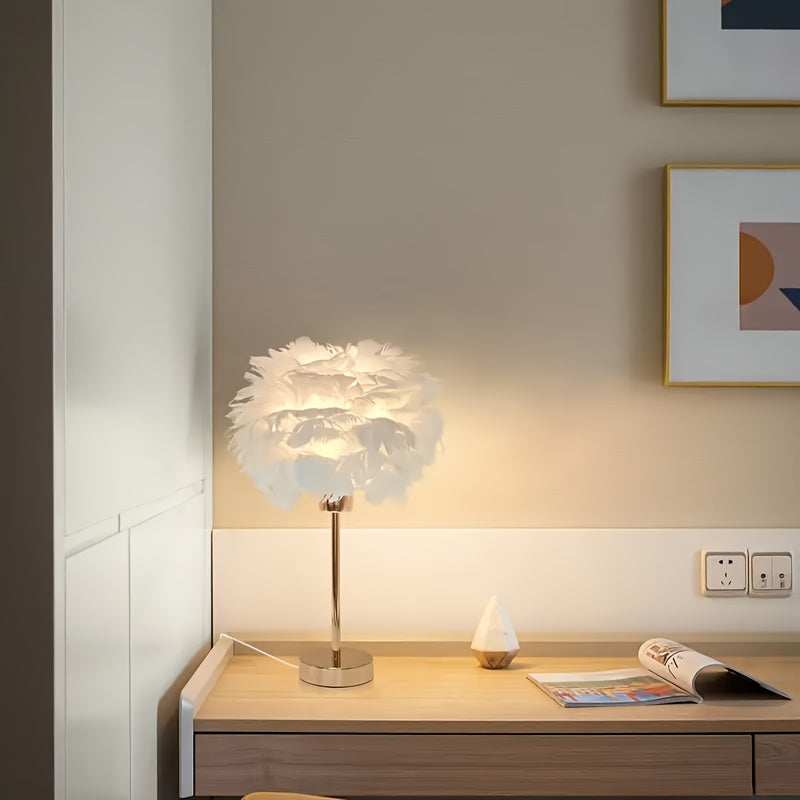 Table Lamp White Feather Effect 3 Light Tones USB