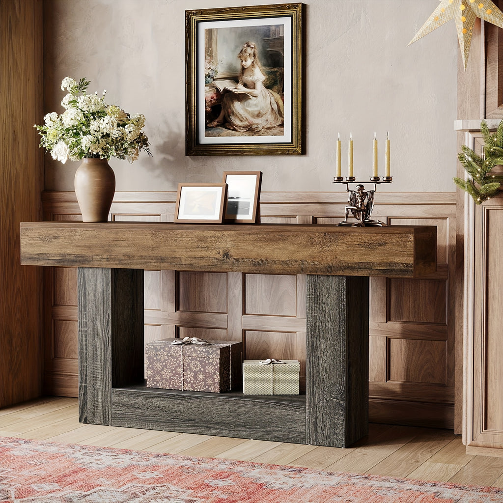 Tavolo Console Rustico 160cm con Doppio Ripiano e Base a U - Legno Massello Effetto Anticato