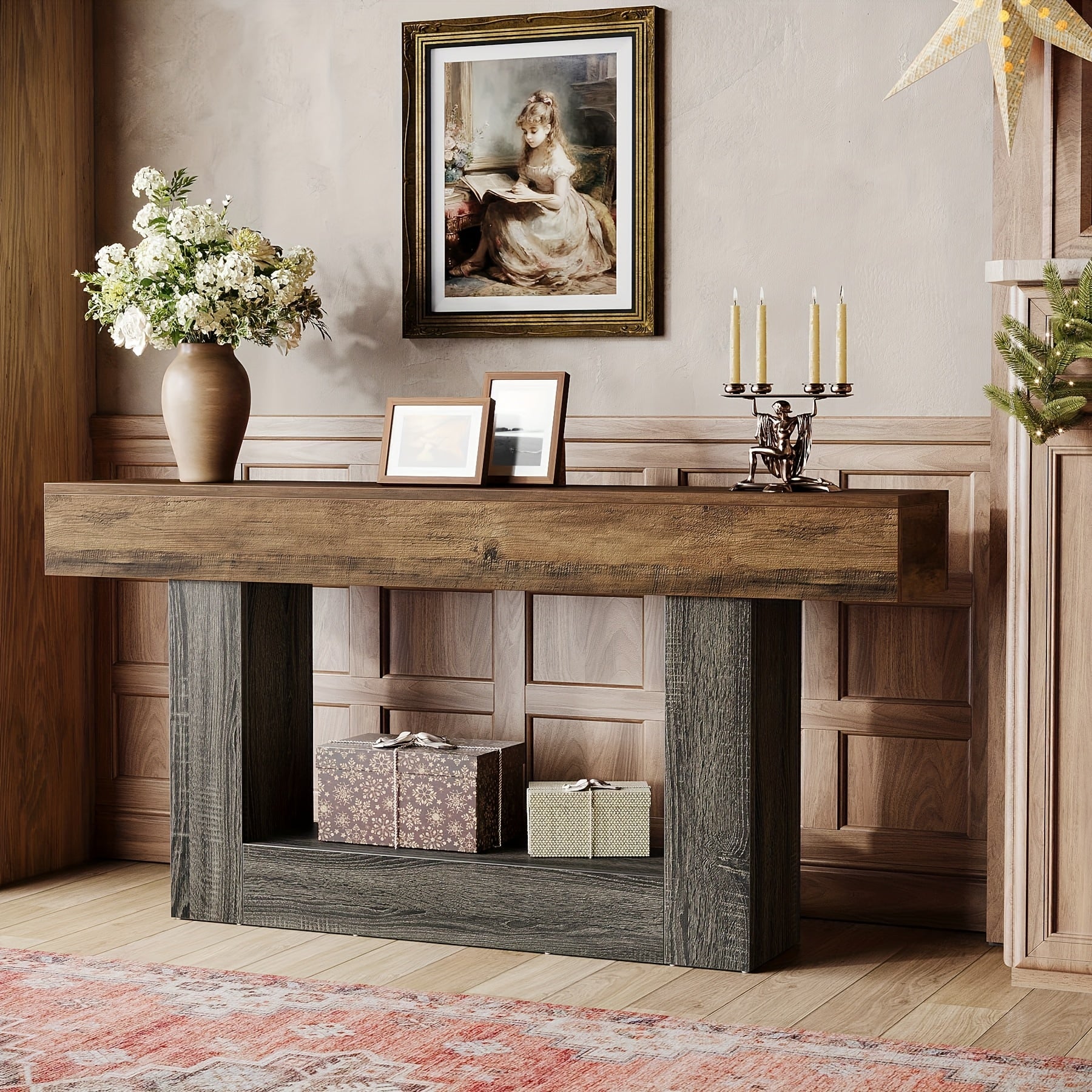 Tavolo Console Rustico 160cm con Doppio Ripiano e Base a U - Legno Massello Effetto Anticato