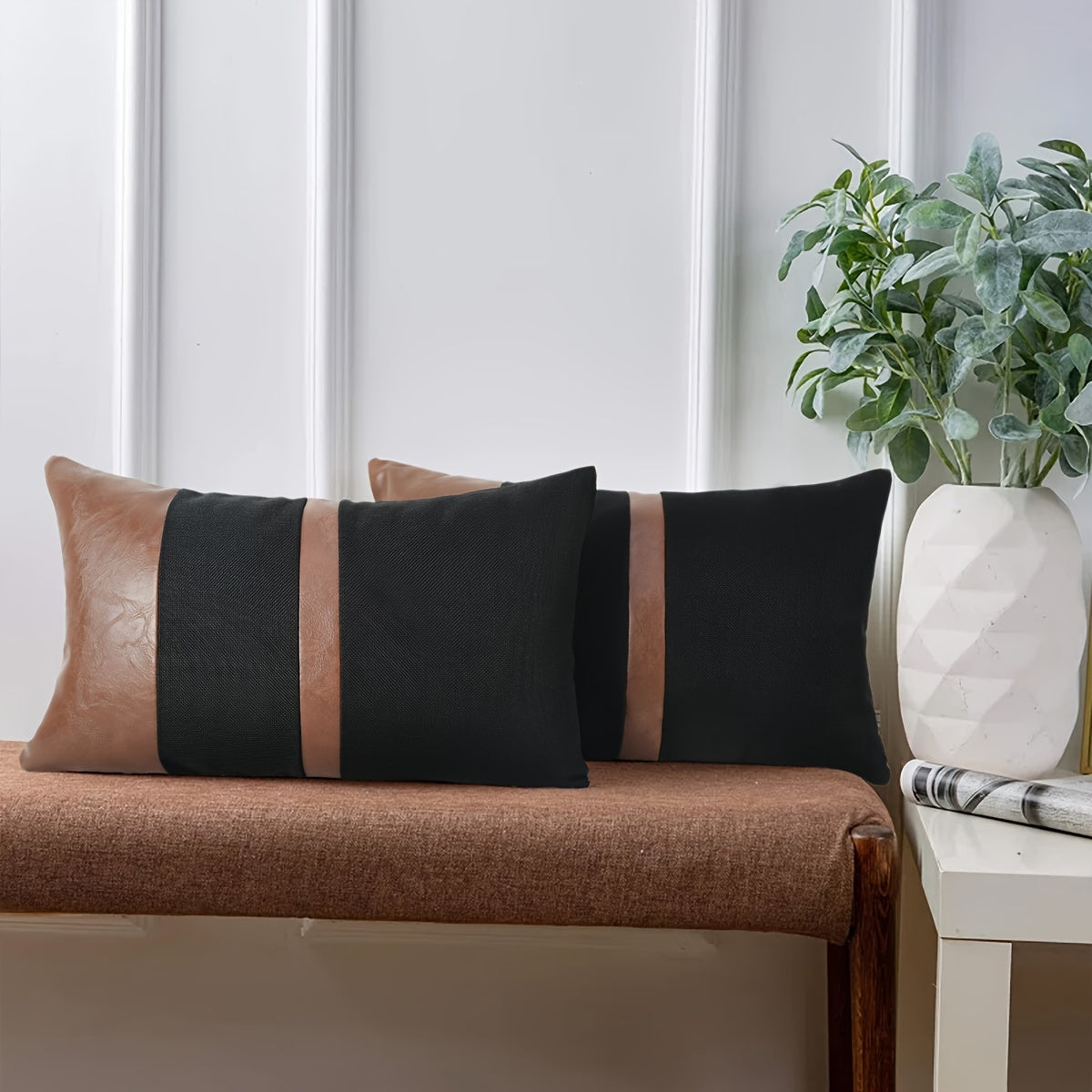 Set 2 Federe Decorative 50x30cm Ecopelle e Nero - Design Geometrico Contemporaneo