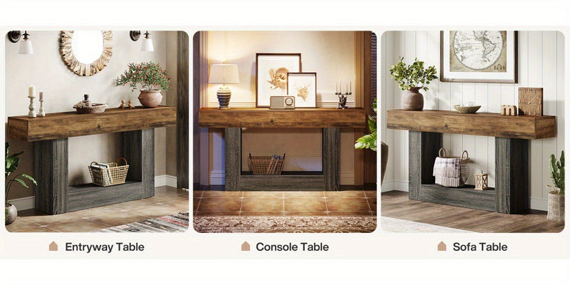Rustic Console Table 160cm with Double Shelf and U-shaped Base - Solid Wood with Antiqued Effect