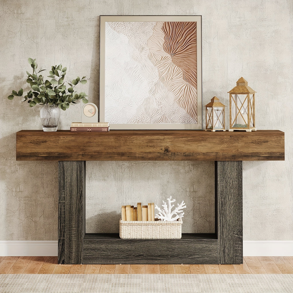 Tavolo Console Rustico 160cm con Doppio Ripiano e Base a U - Legno Massello Effetto Anticato