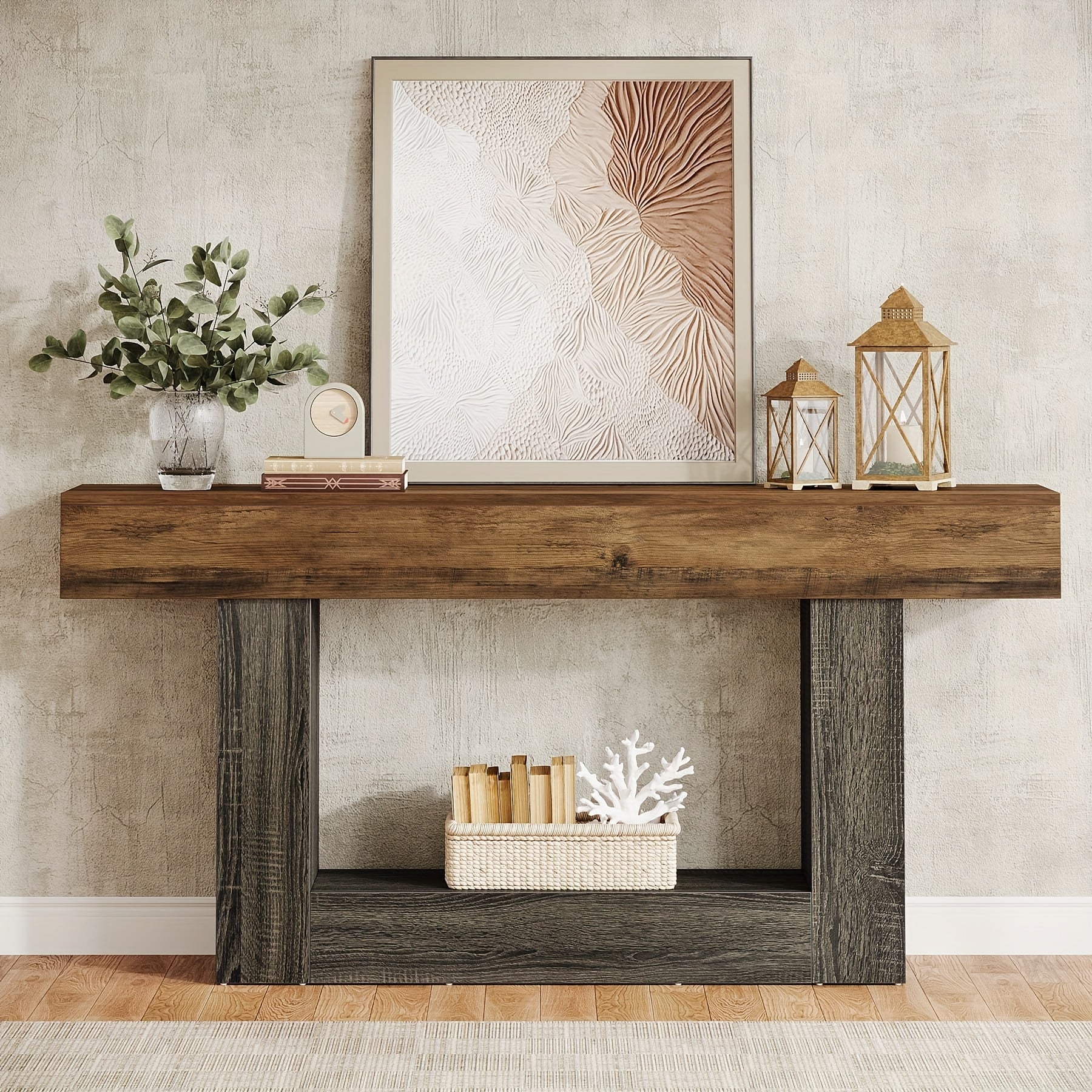 Tavolo Console Rustico 160cm con Doppio Ripiano e Base a U - Legno Massello Effetto Anticato