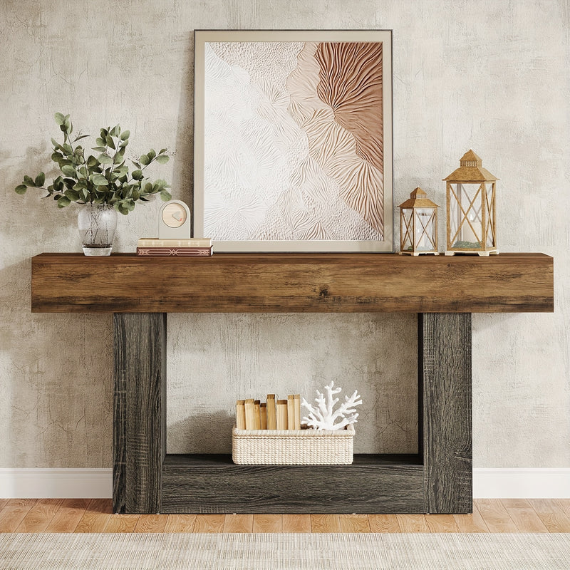 Rustic Console Table 160cm with Double Shelf and U-shaped Base - Solid Wood with Antiqued Effect