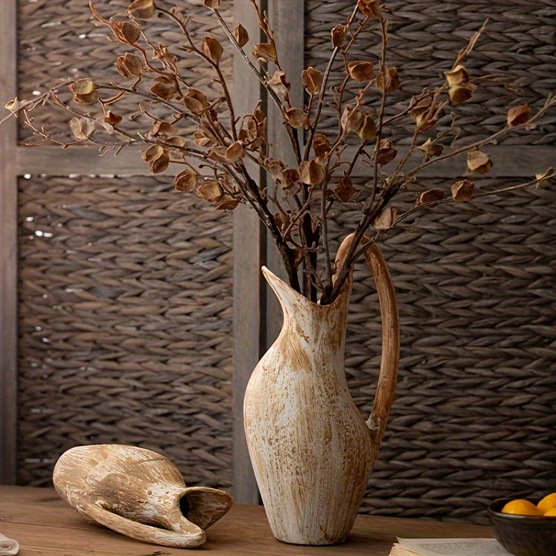 SYLVA Wood Effect Ceramic Vase - Country Cottage Design with Decorative Handle 24cm