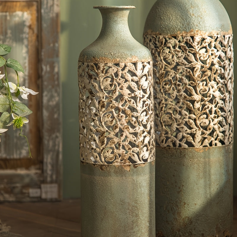 Vintage Cast Iron Floor Vase 52-67cm Pierced Floral Motif - Rustic Shabby Chic Design for Living Room - Elegant Decoration for Dried and Artificial Flowers