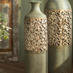 Vintage Cast Iron Floor Vase 52-67cm Pierced Floral Motif - Rustic Shabby Chic Design for Living Room - Elegant Decoration for Dried and Artificial Flowers