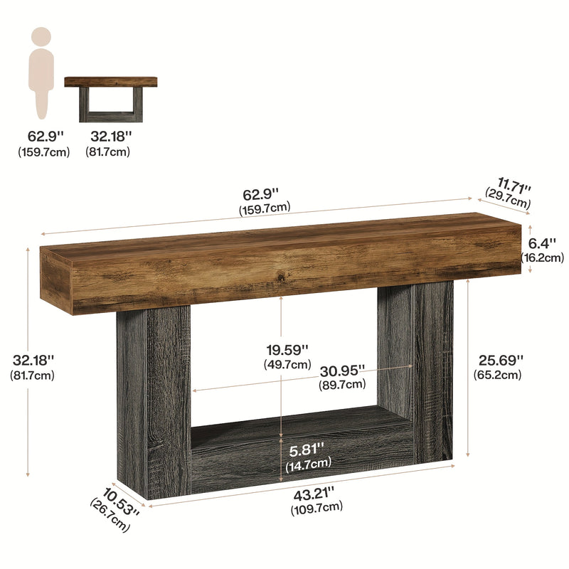 Rustic Console Table 160cm with Double Shelf and U-shaped Base - Solid Wood with Antiqued Effect