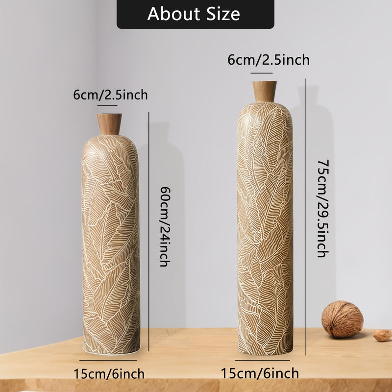Large Floor Vase Decorative 75cm Leaf Pattern - Cream Beige Botanical Design for Pampas Grass - Living Room Entryway Decor