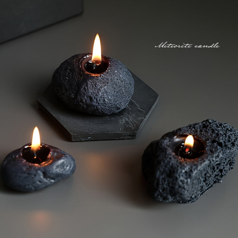 Set of 3 ASTRUM Meteorite Candles - Scented Soy Wax with Volcanic Stone Effect Containers