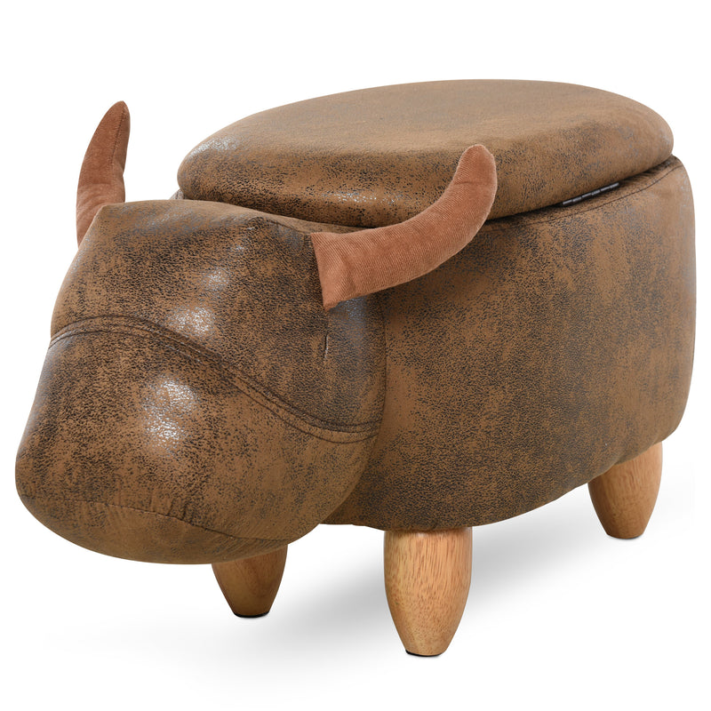 Cow Storage Ottoman Vintage Faux Leather Wooden Legs