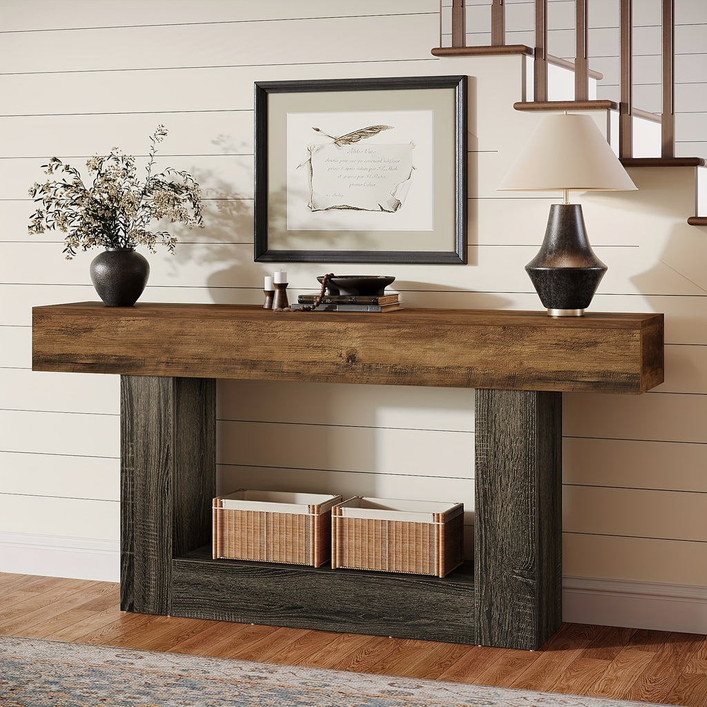 Tavolo Console Rustico 160cm con Doppio Ripiano e Base a U - Legno Massello Effetto Anticato