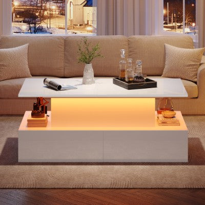 LED Coffee Table with 4 Drawers and Lift-Top - Modern Glossy White Design 90x55cm