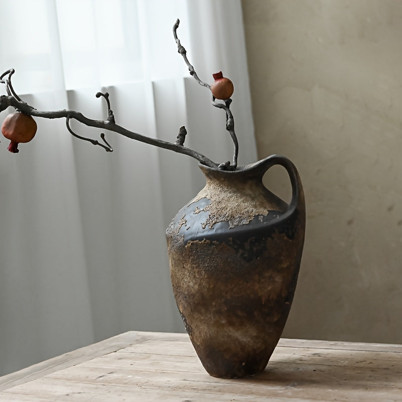Handmade Ceramic Vase with Ancient Stone Effect and Rustic Handle