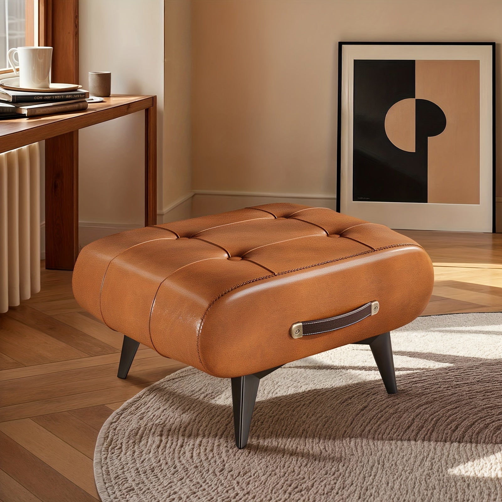 Poggiapiedi Rettangolare in Ecopelle - Design Contemporaneo con Maniglia per Soggiorno, Camera da Letto e Ingresso