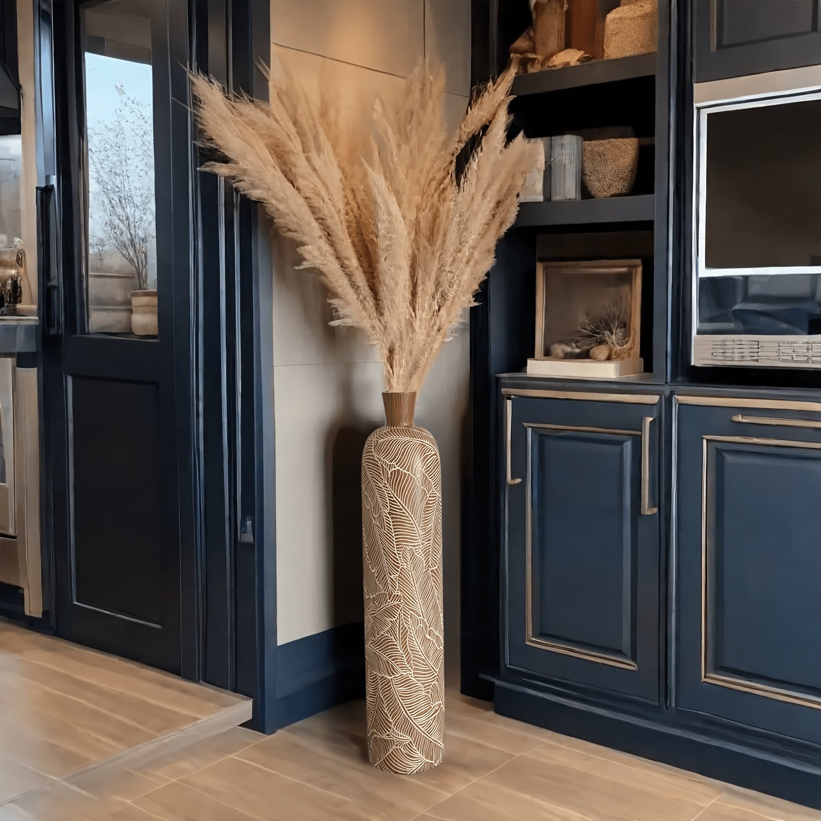 Vaso da Terra L Decorativo 75cm Motivo Foglie - Design Botanico Beige Crema per Pampas Grass - Arredo Soggiorno Ingresso