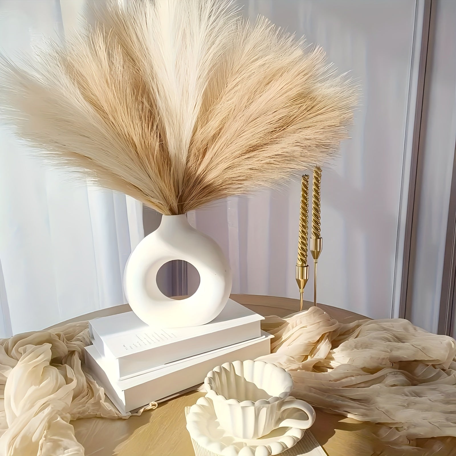 Pampas Grass Decorativa Set 6 Pezzi - Piume Fluffy Beige Naturale per Vasi e Arredamento Boho Chic