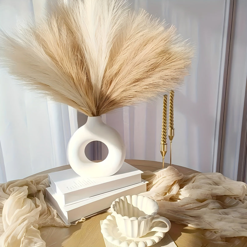 Decorative Pampas Grass Set 6 Pieces - Natural Beige Fluffy Plumes for Vases and Boho Chic Decor