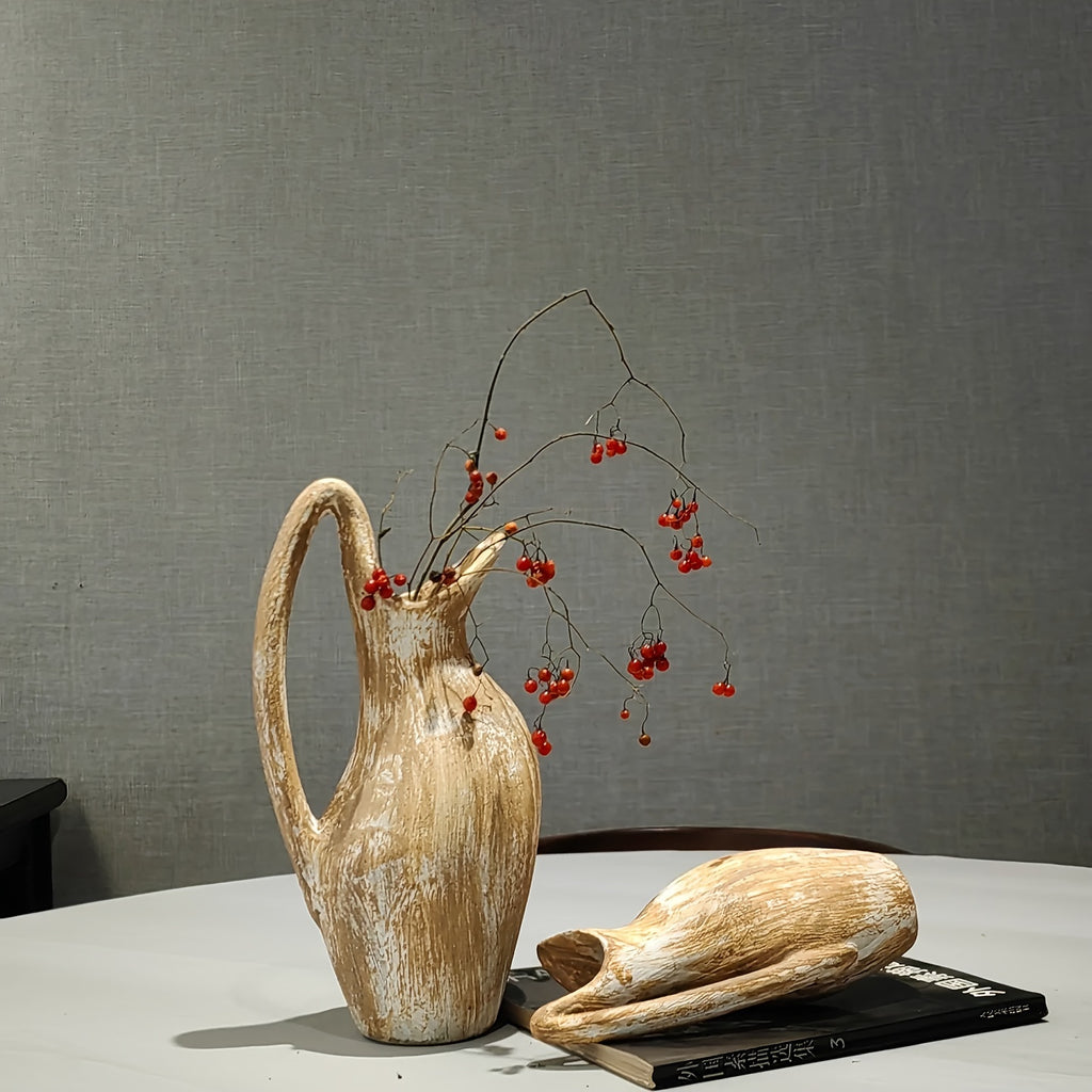 Vaso in Ceramica Effetto Legno SYLVA - Design Country Cottage con Manico Decorativo 24cm