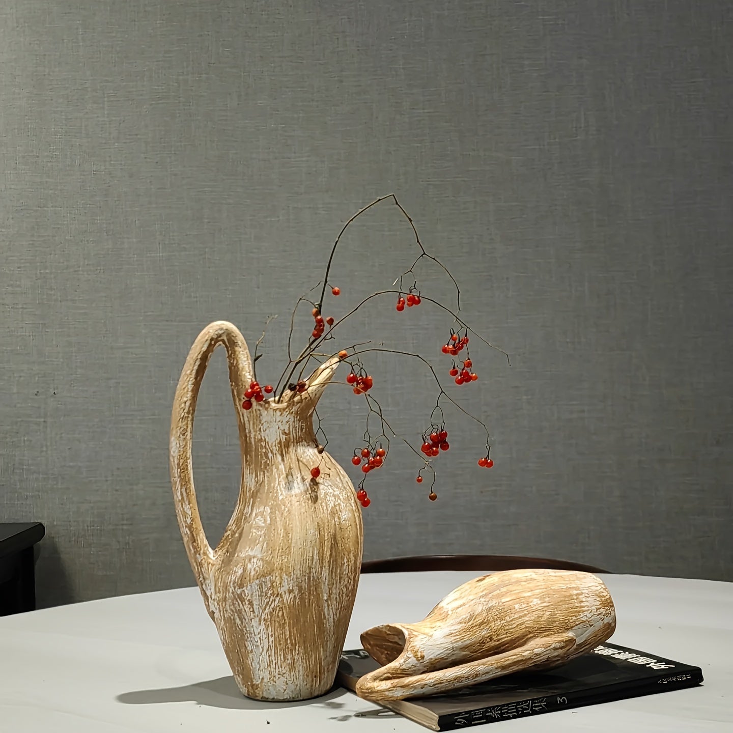 Vaso in Ceramica Effetto Legno SYLVA - Design Country Cottage con Manico Decorativo 24cm