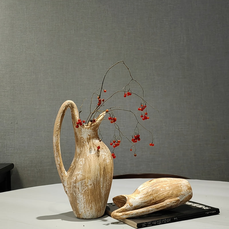 SYLVA Wood Effect Ceramic Vase - Country Cottage Design with Decorative Handle 24cm