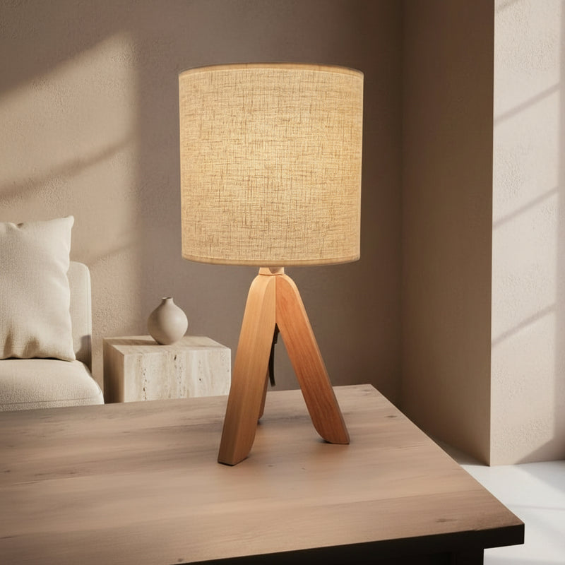 Wooden Tripod Table Lamp with Fabric Lampshade - Modern Scandinavian Design for Bedroom, Study, and Living Room