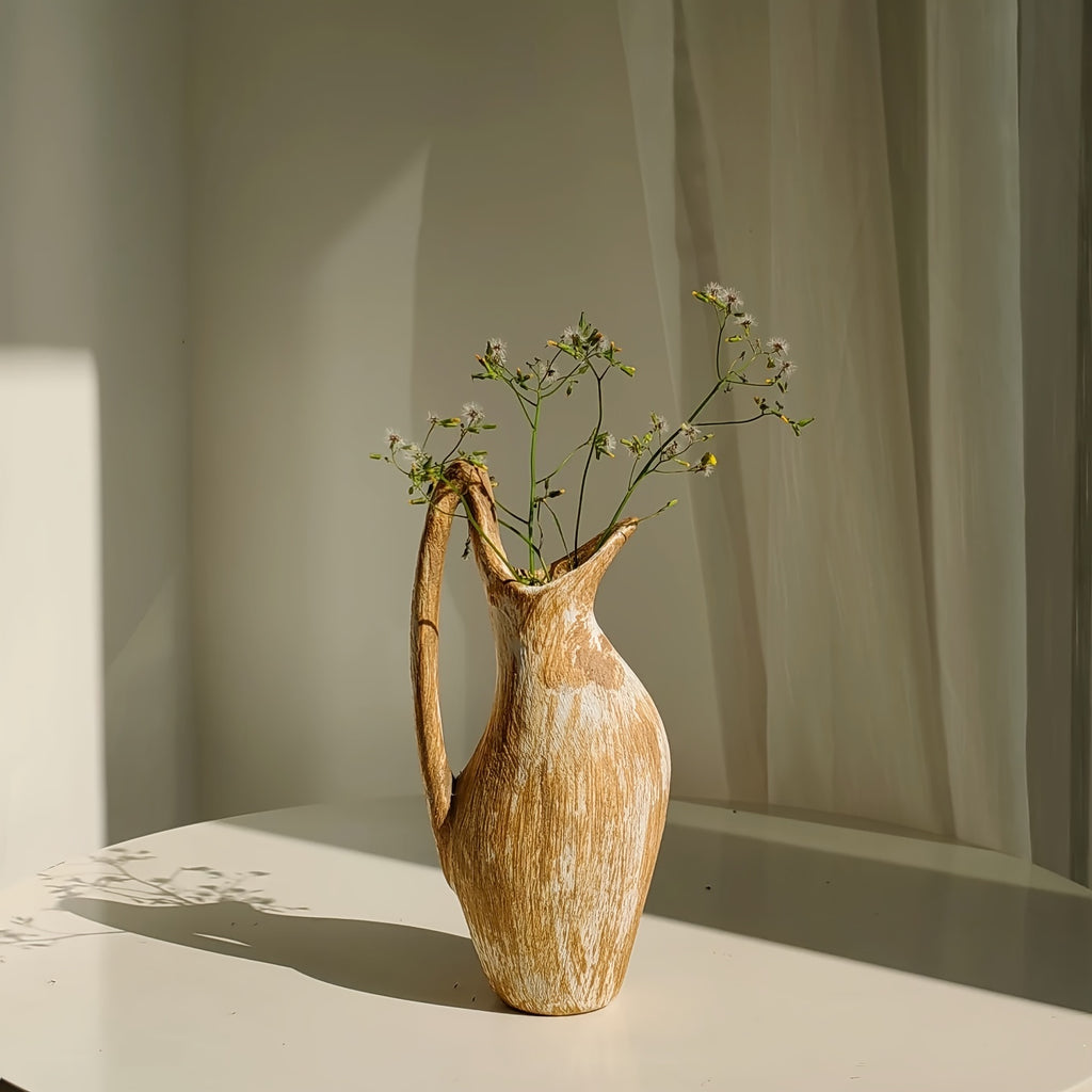 Vaso in Ceramica Effetto Legno SYLVA - Design Country Cottage con Manico Decorativo 24cm