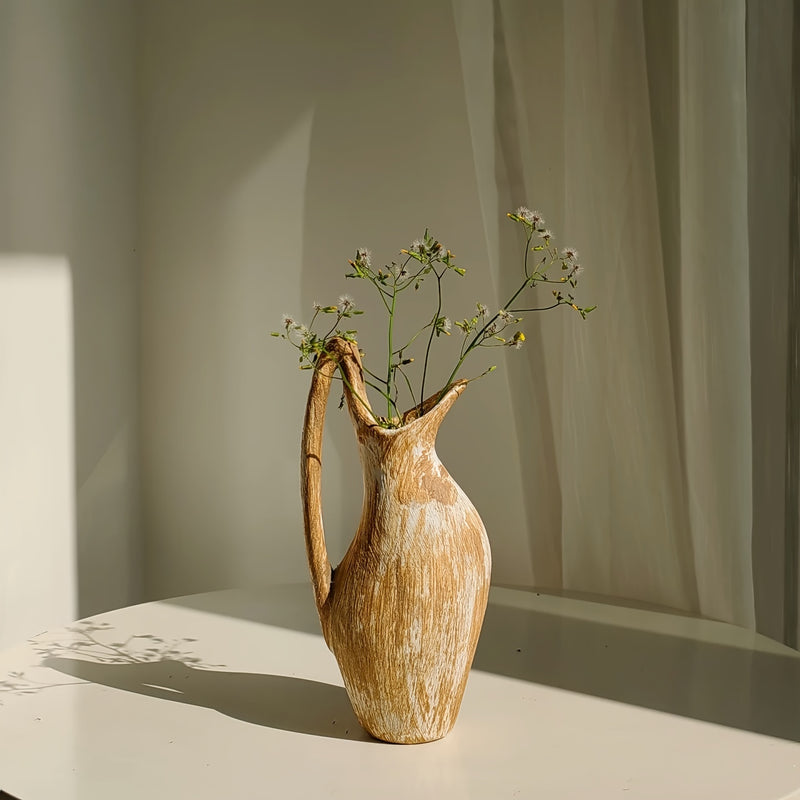 SYLVA Wood Effect Ceramic Vase - Country Cottage Design with Decorative Handle 24cm
