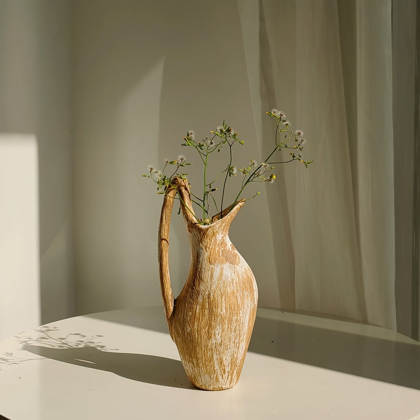 Vaso in Ceramica Effetto Legno SYLVA - Design Country Cottage con Manico Decorativo 24cm