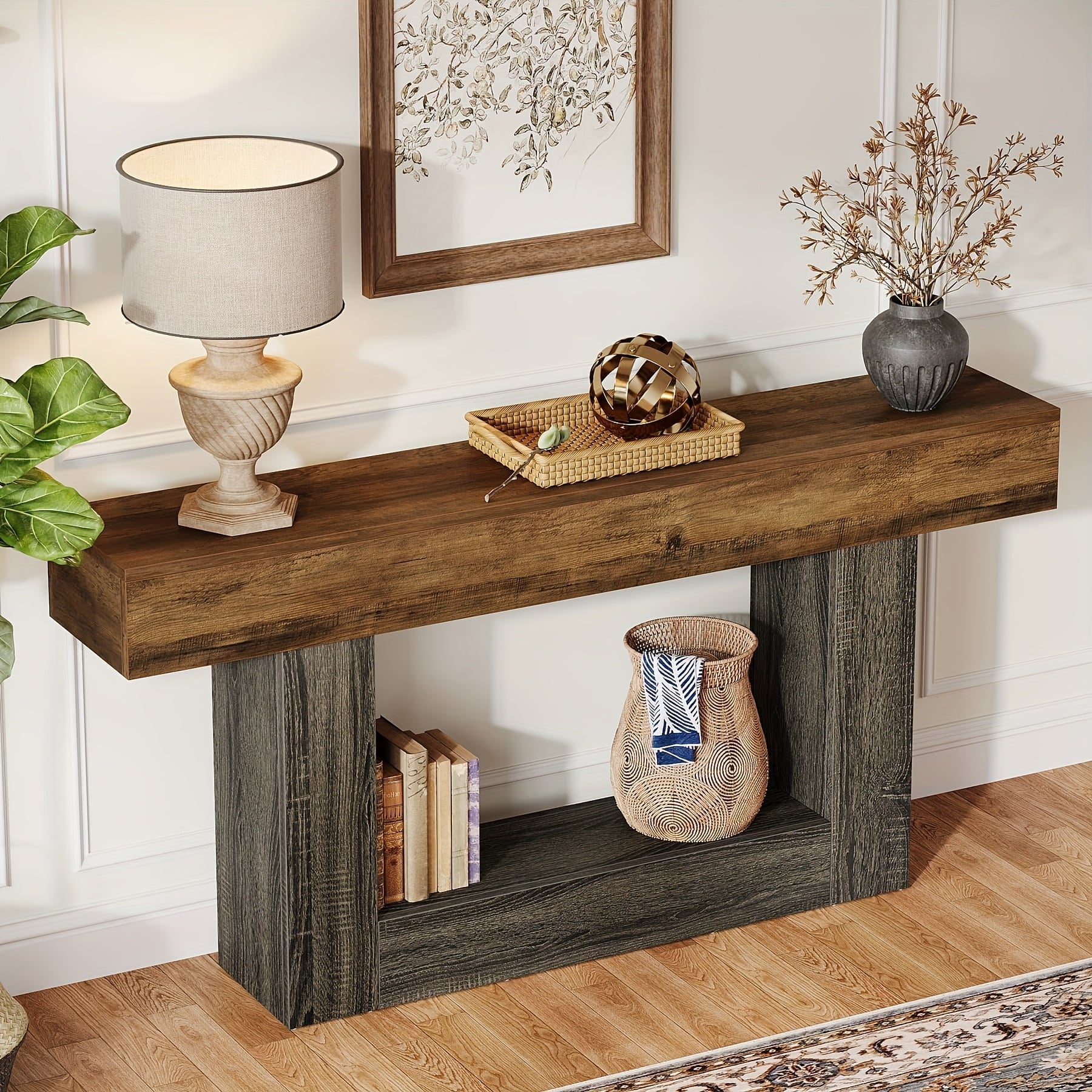 Tavolo Console Rustico 160cm con Doppio Ripiano e Base a U - Legno Massello Effetto Anticato