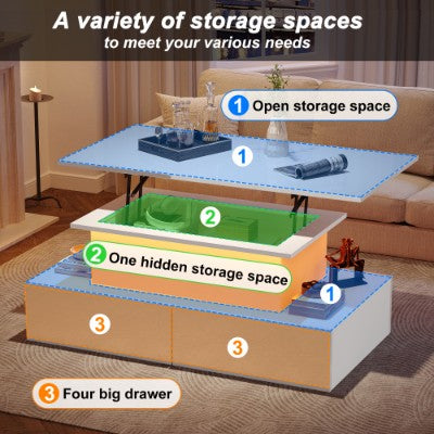 LUMIS - Tavolino da Caffè LED con 4 Cassetti e Piano Sollevabile - Design Moderno Bianco Lucido 90x55cm