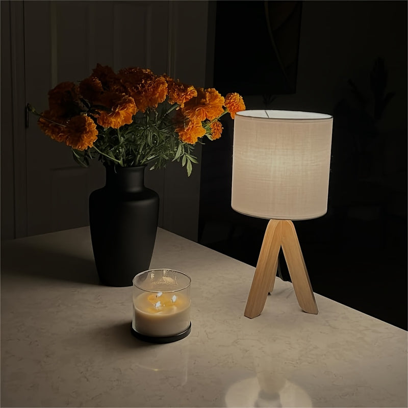 Wooden Tripod Table Lamp with Fabric Lampshade - Modern Scandinavian Design for Bedroom, Study, and Living Room